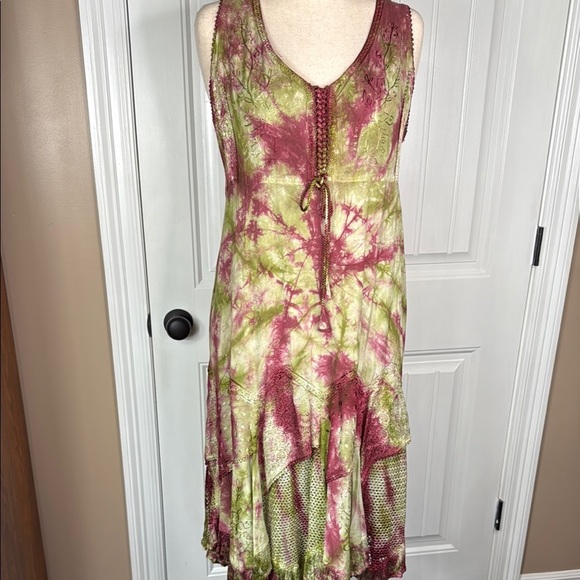 l POGEE Asymmetrical Tie-Dye Dress - Green Sz Large - Picture 1 of 15